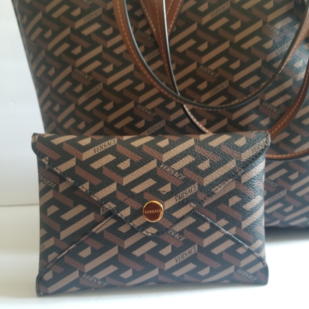 Versace Greca Monogram Coated Canvas Tote With Pouch Black Cream Gold - Picture 8 of 10
